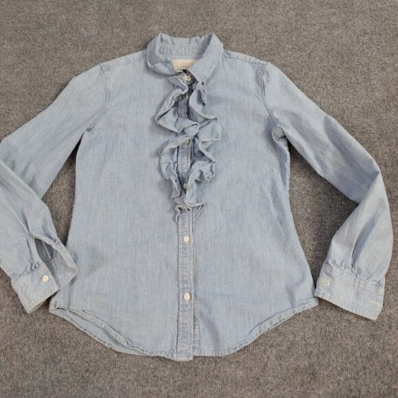 Polo Ralph Lauren Girls Shirt 14 Blue Chambray Ruffle Front - Picture 1 of 9